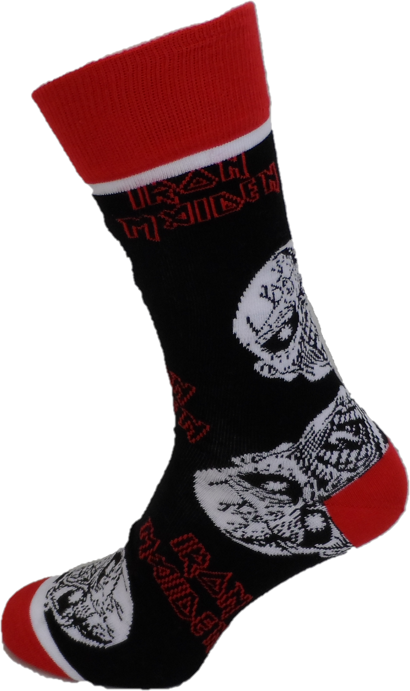 Black sock with white skull designs and red accents on a white background