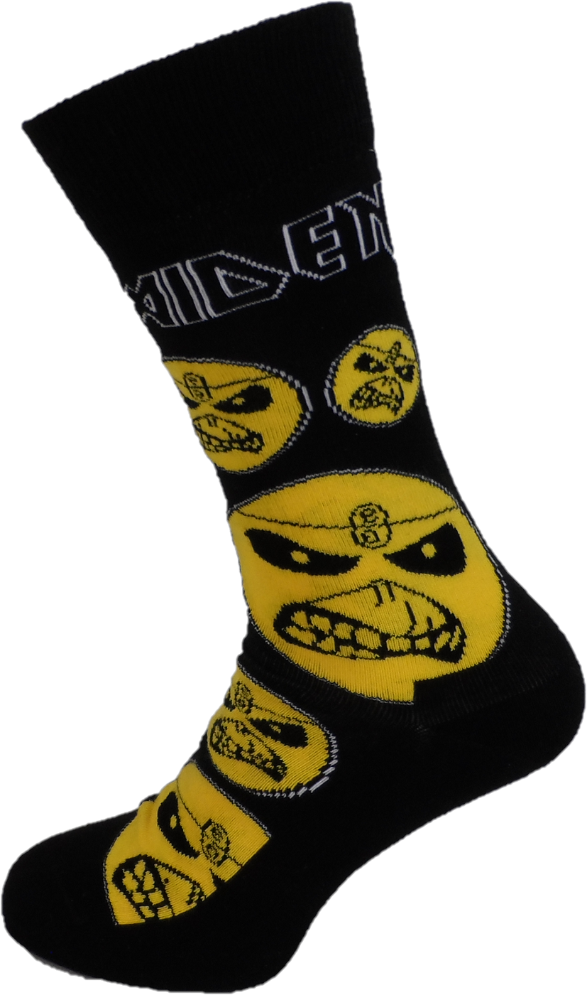 Black sock with yellow skull designs on a white background