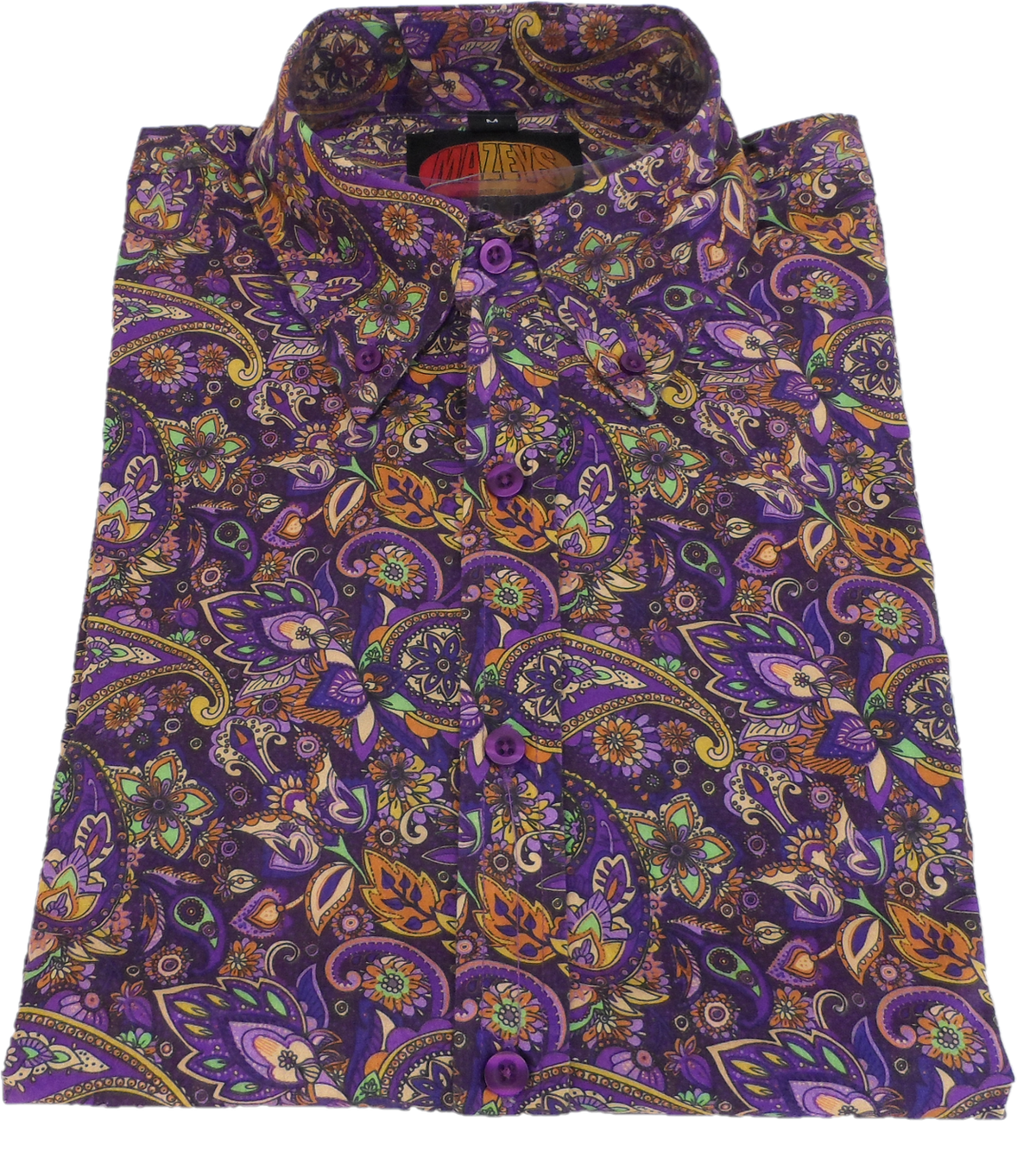 A folded long-sleeve button-up shirt with an intricate paisley pattern in purple, orange, green, and yellow, featuring a purple button placket and a visible 'Mazeys' neck label.