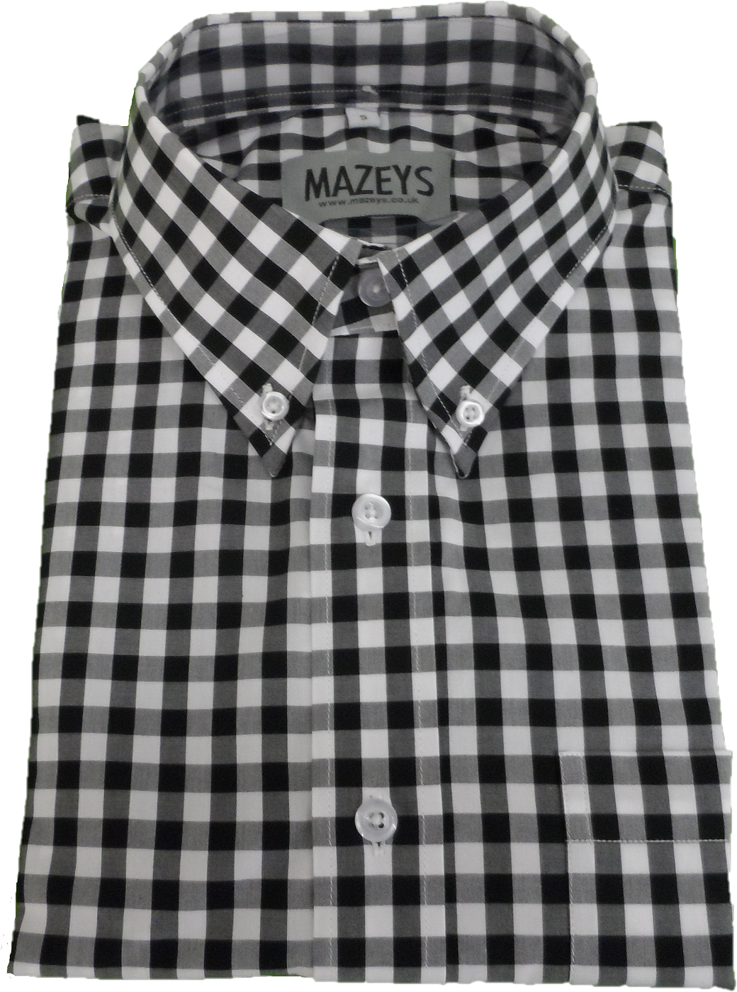 Folded black and white checkered shirt with 'Mazeys' label on a white background