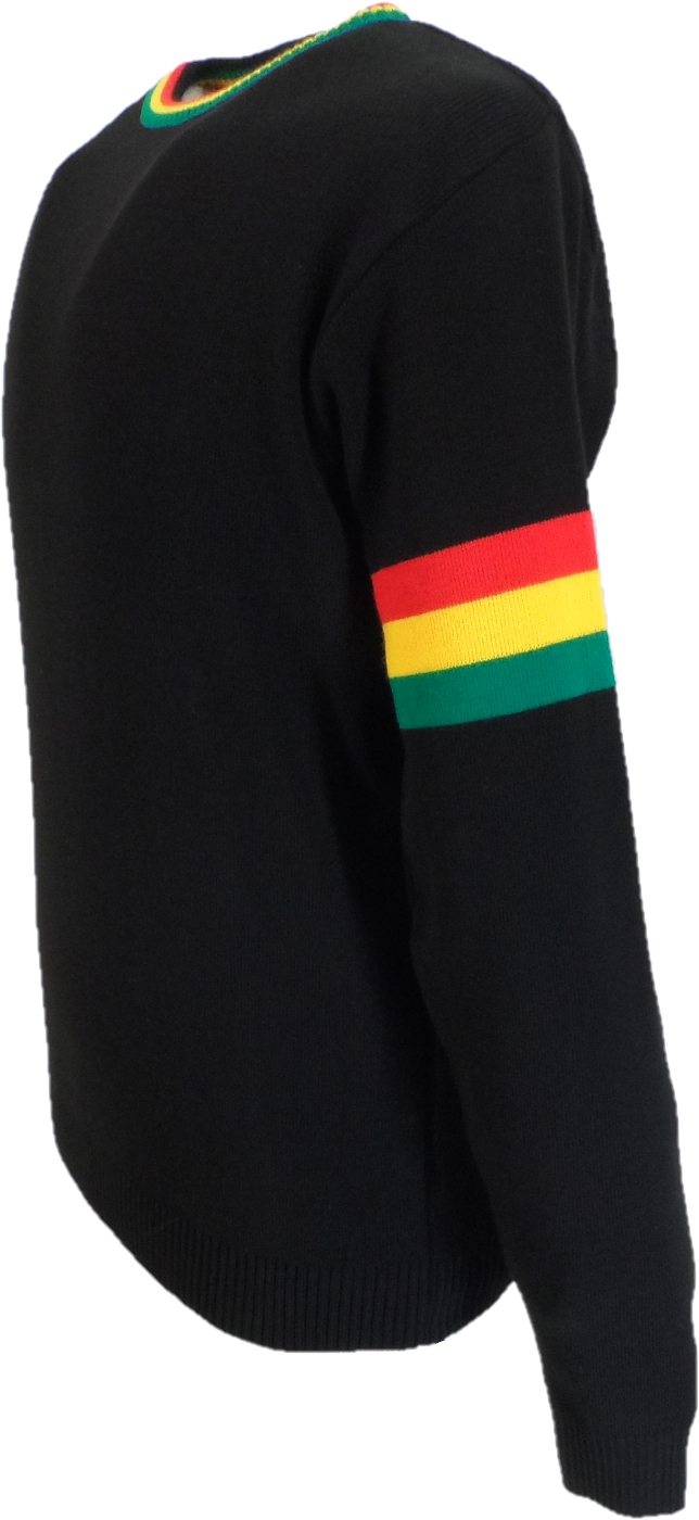 Black sweater with Rastafarian color stripes on sleeves against a white background