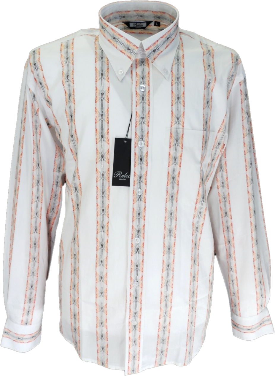 Relco Off White Orange Striped Cotton Long Sleeved Retro Mod Button Down Shirts