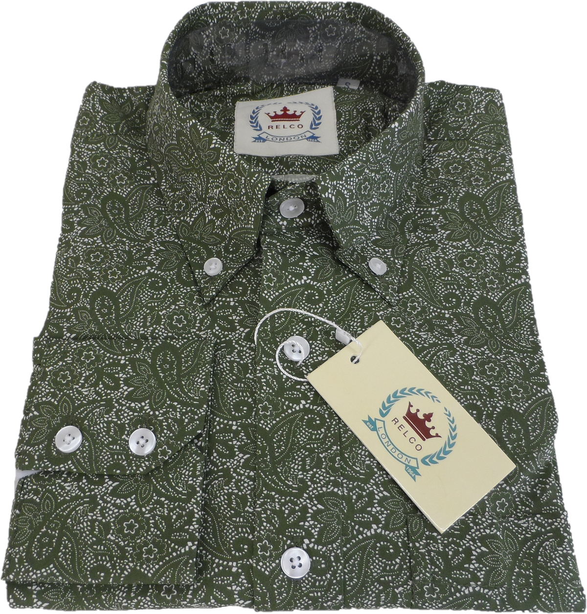Relco Olive Green Paisley Cotton Long Sleeved Retro Mod Button Down Shirts