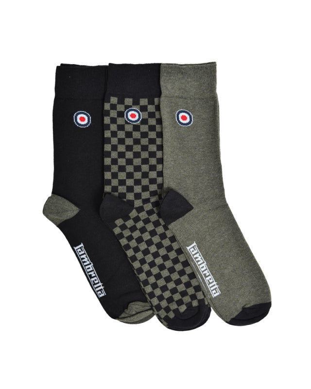 Lambretta Mens 3 Pair Khaki/Black Pack of Retro Socks