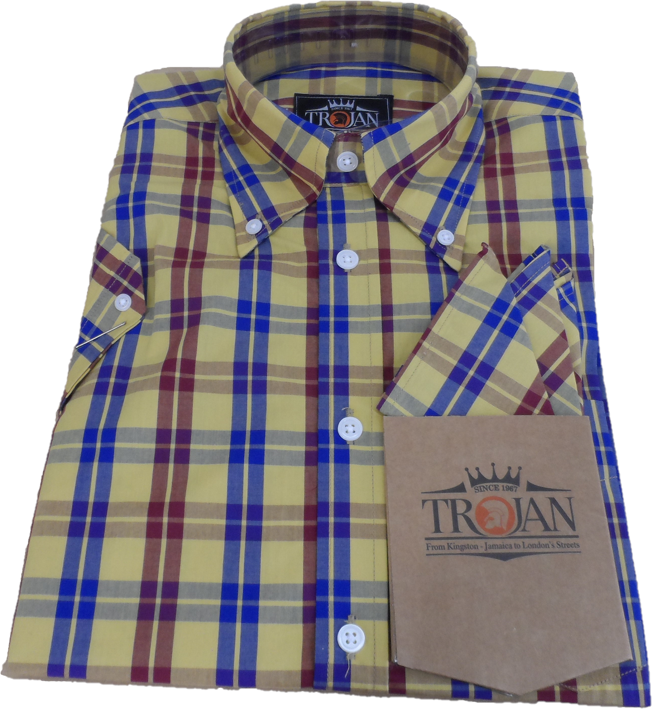 Trojan Mens Mustard Multi Check Short Sleeved Shirts and Pocket Square