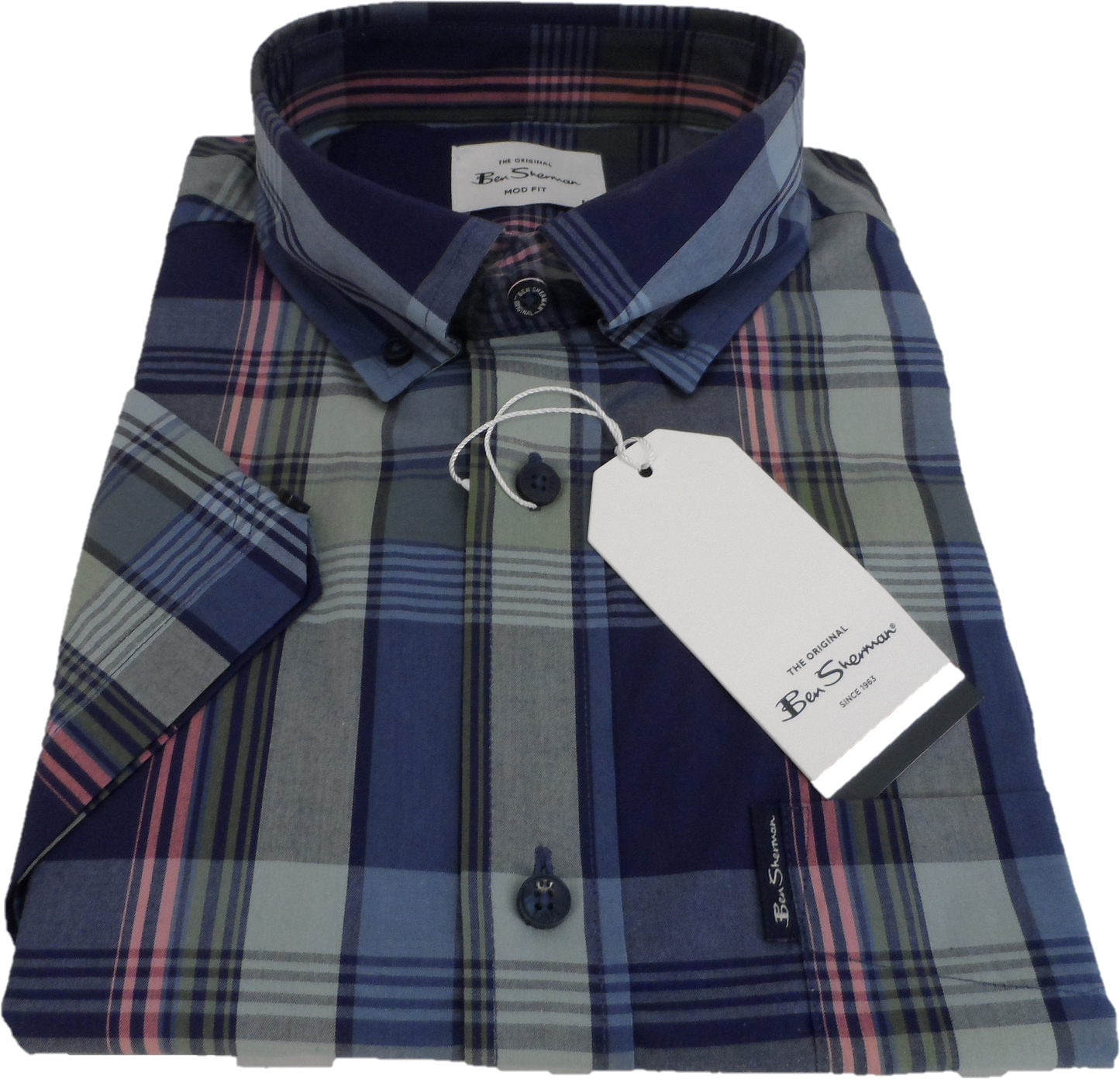 Ben Sherman Mens Twilight Denim Blue Block Check Short Sleeved Shirt