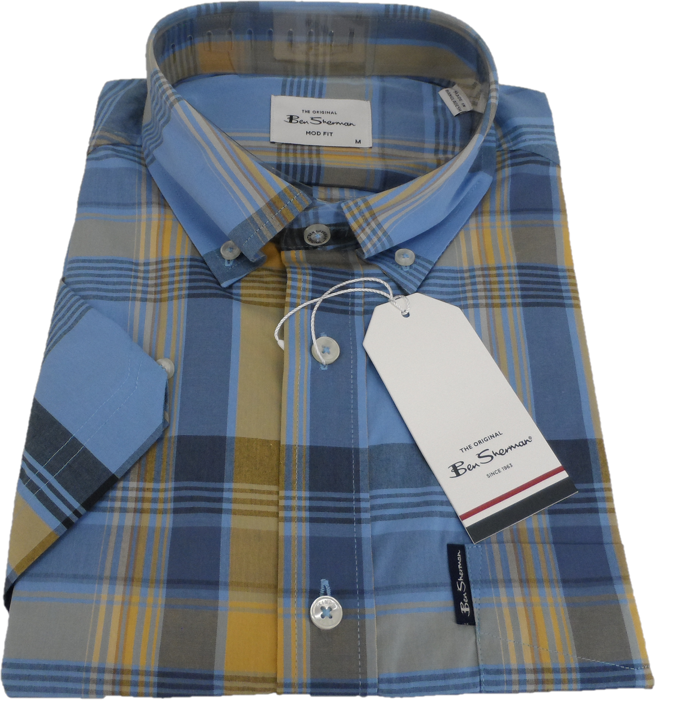 Ben Sherman Mens Lake Blue Block Check Short Sleeved Shirt
