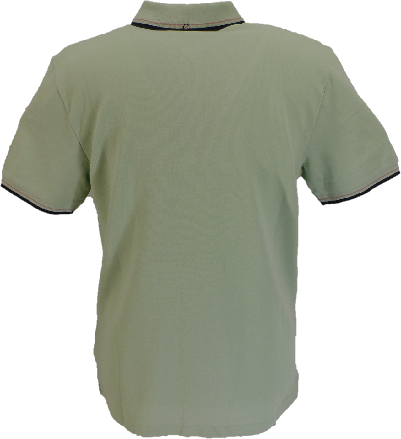 Green polo shirt with black trim on a white background