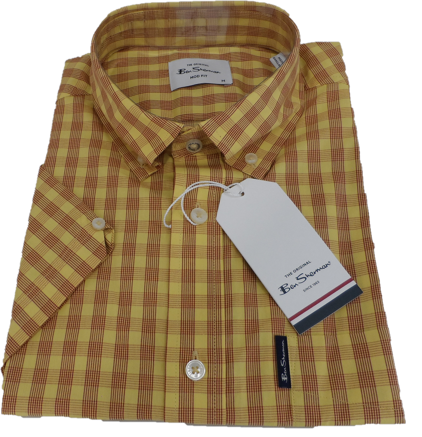 Ben Sherman Mens Lemon Zest Gingham Checked Short Sleeved Shirt
