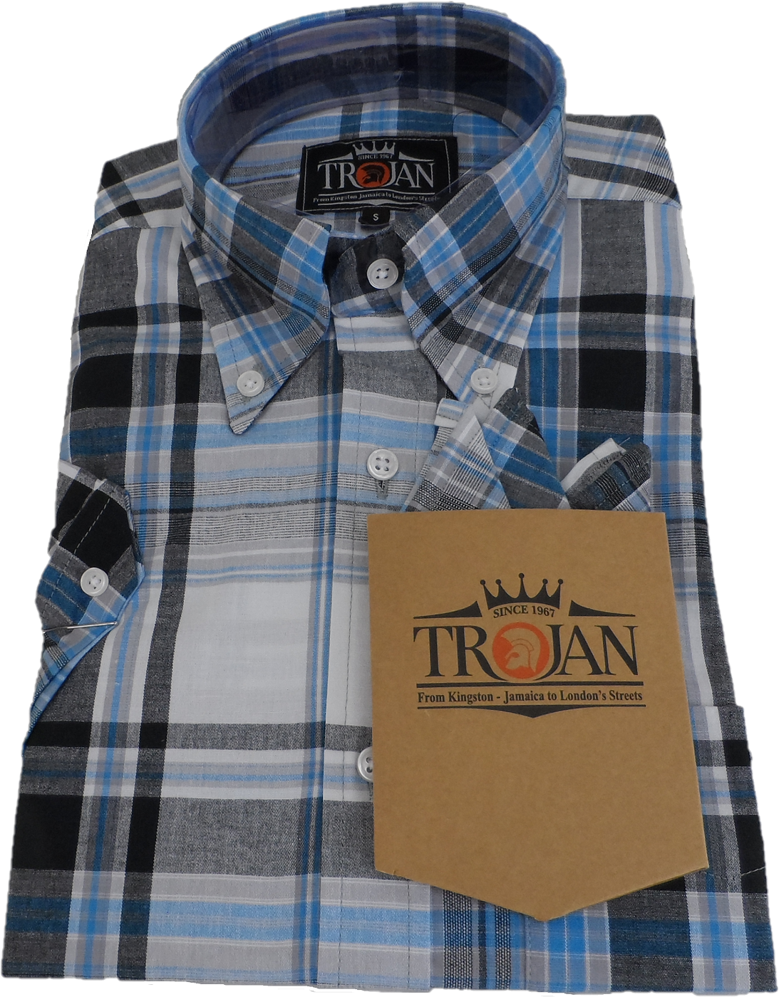 Trojan Mens Black Tartan Short Sleeved Shirts and Pocket Square
