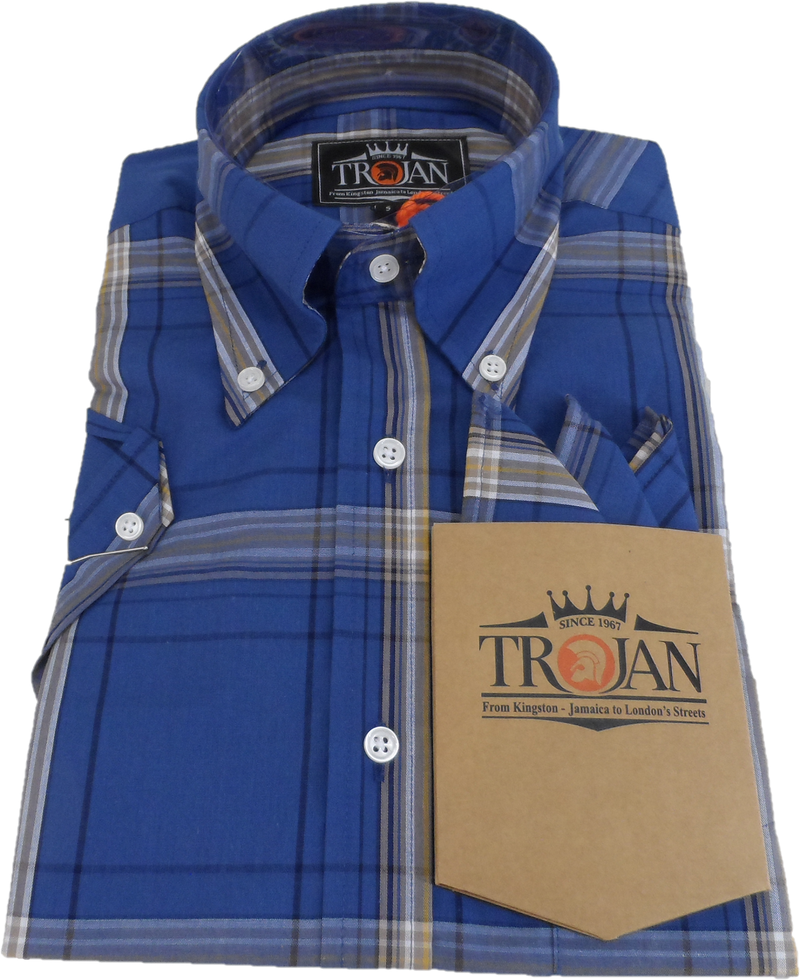 Trojan Mens Blue Large Check Short Sleeved Shirts and Pocket Square