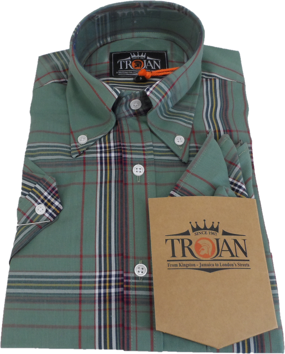 Trojan Mens Green Large Check Short Sleeved Shirts and Pocket Square
