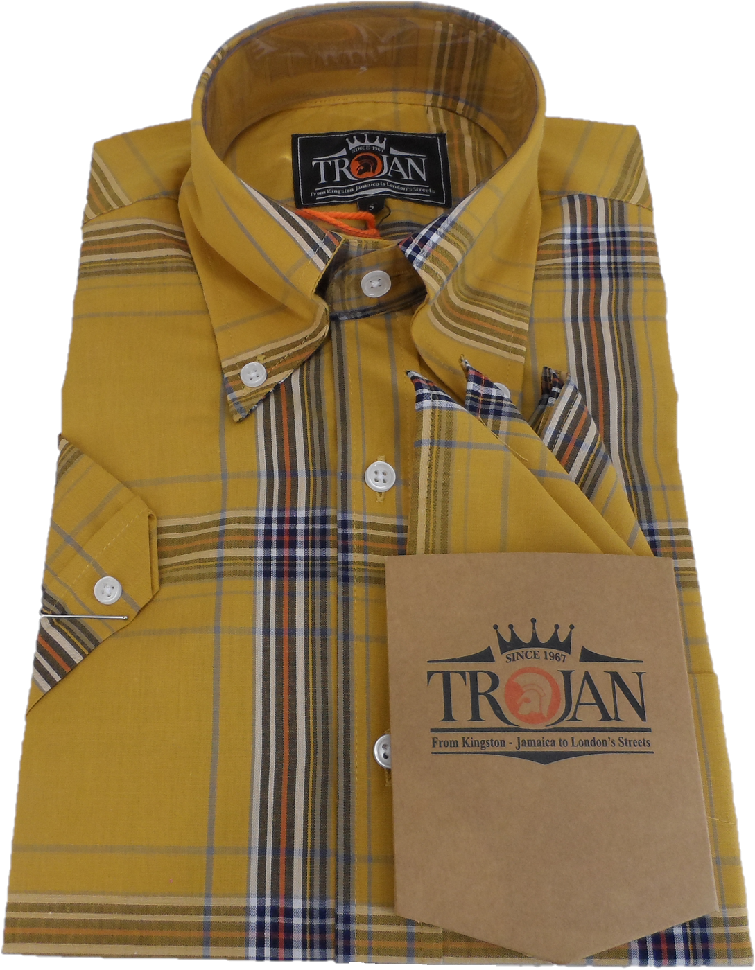 Trojan Mens Mustard Large Check Short Sleeved Shirts and Pocket Square