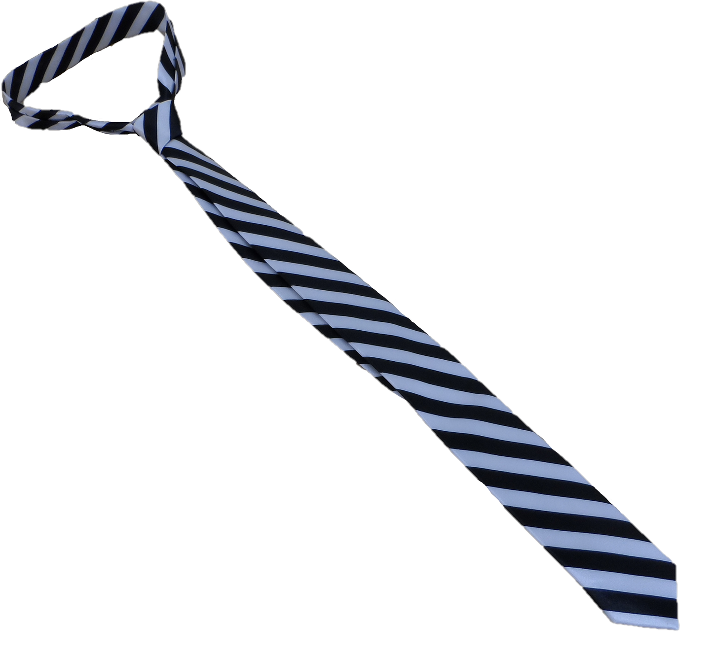Striped tie with black and light blue pattern on a white background