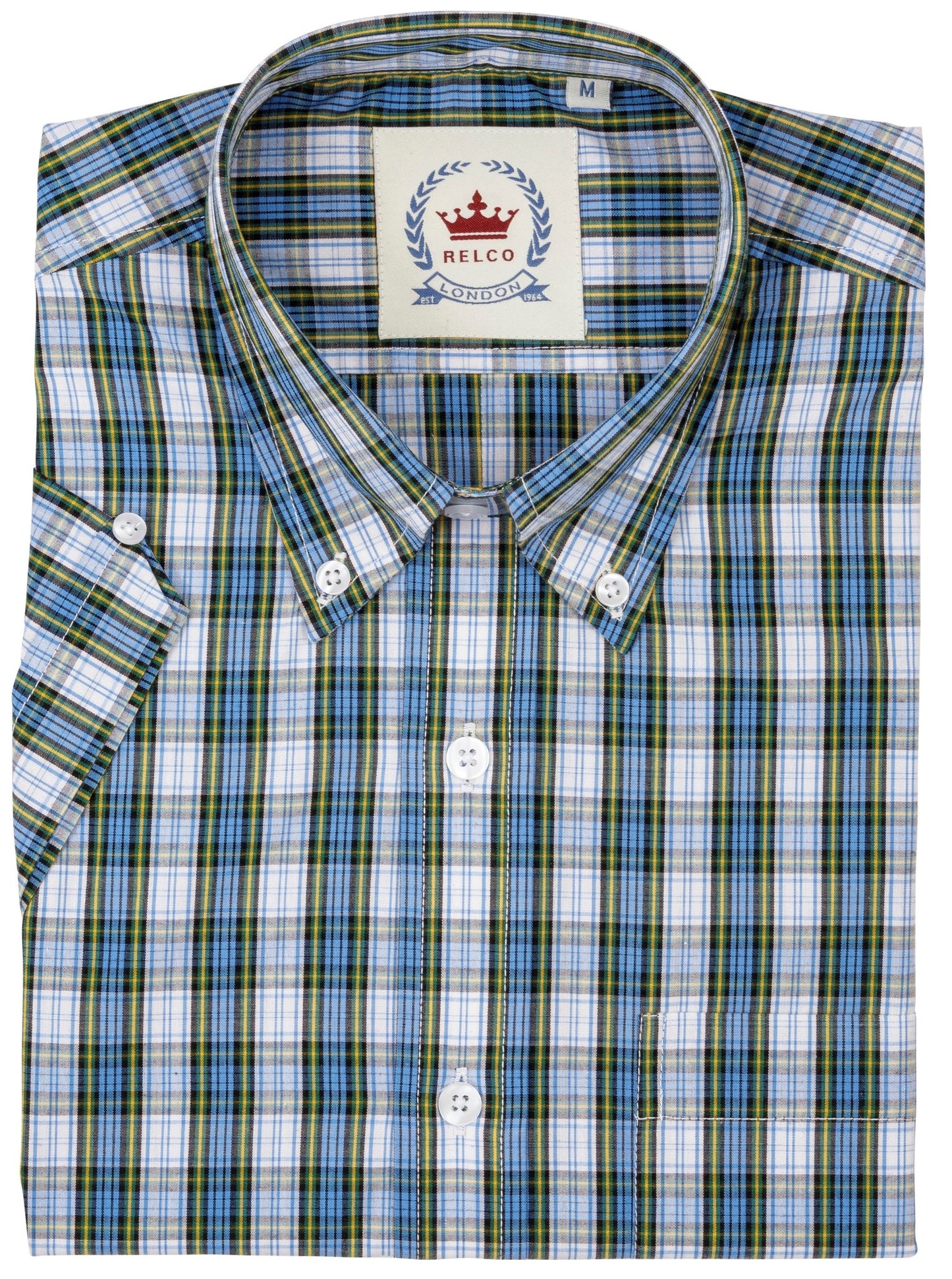 Relco Mens Blue Checked Short Sleeved Button Down Shirts