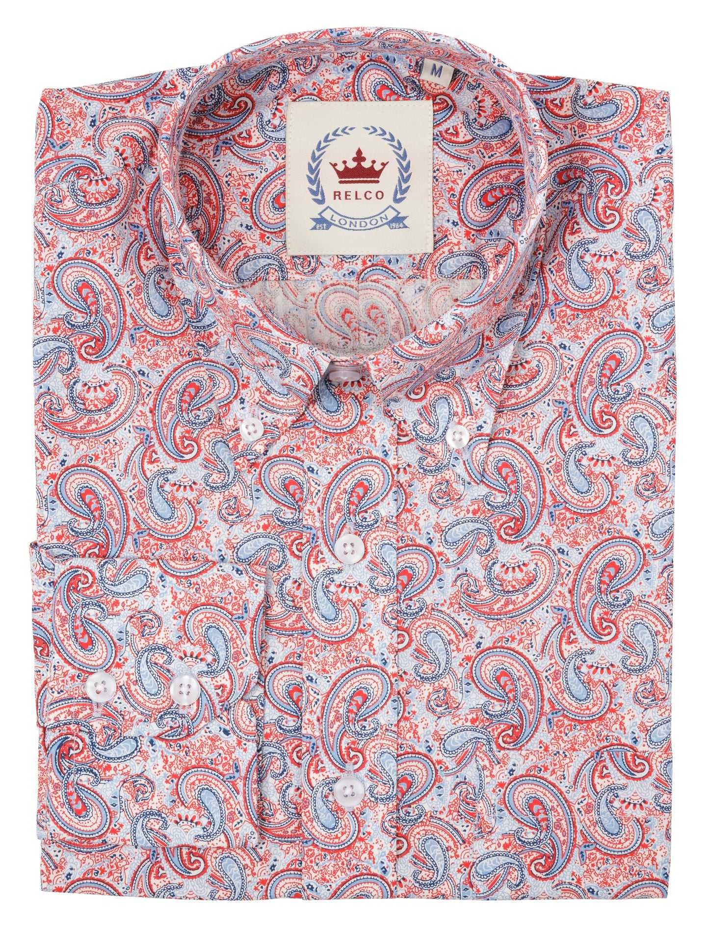 Relco Mens Red Paisley Long Sleeved Retro Mod Button Down Shirt