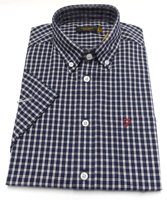 Farah Short Sleeved Locke Blue Check Button-Down Shirts