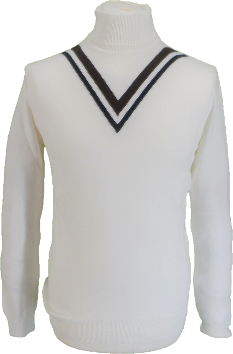 Ska & Soul Mens Ecru Twin-V Fine Gauge Roll Neck Jumper