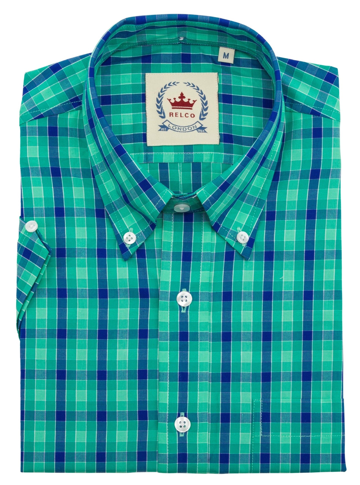 Relco Mens Green Checked Short Sleeved Button Down Shirts