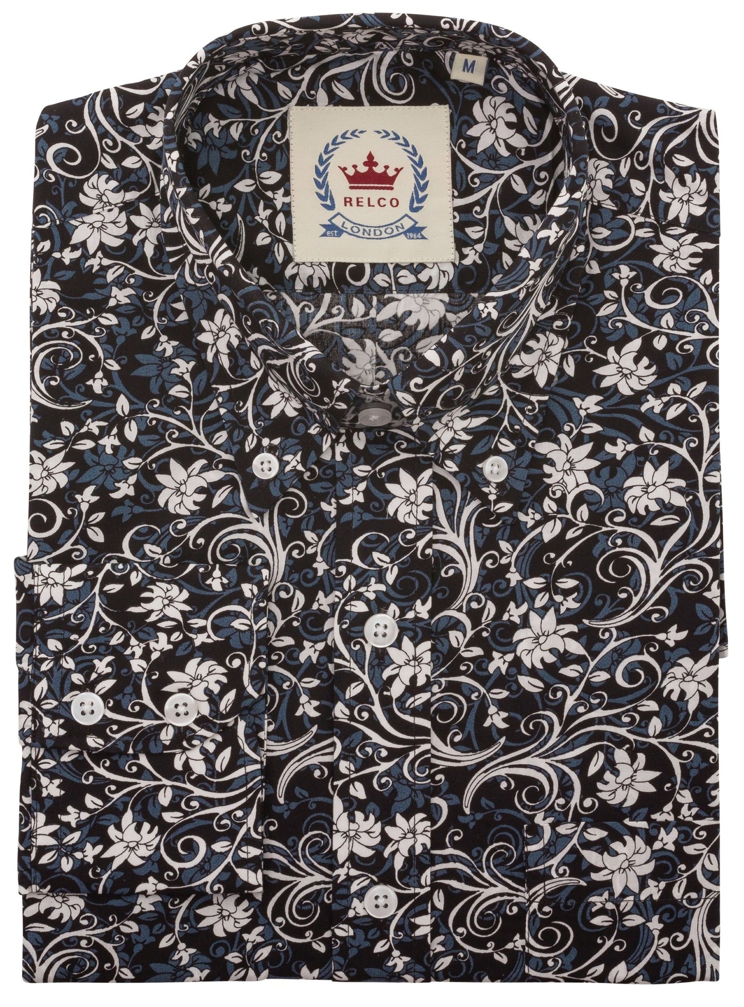 Relco Black Multi Floral Long Sleeved Retro Mod Button Down Shirts
