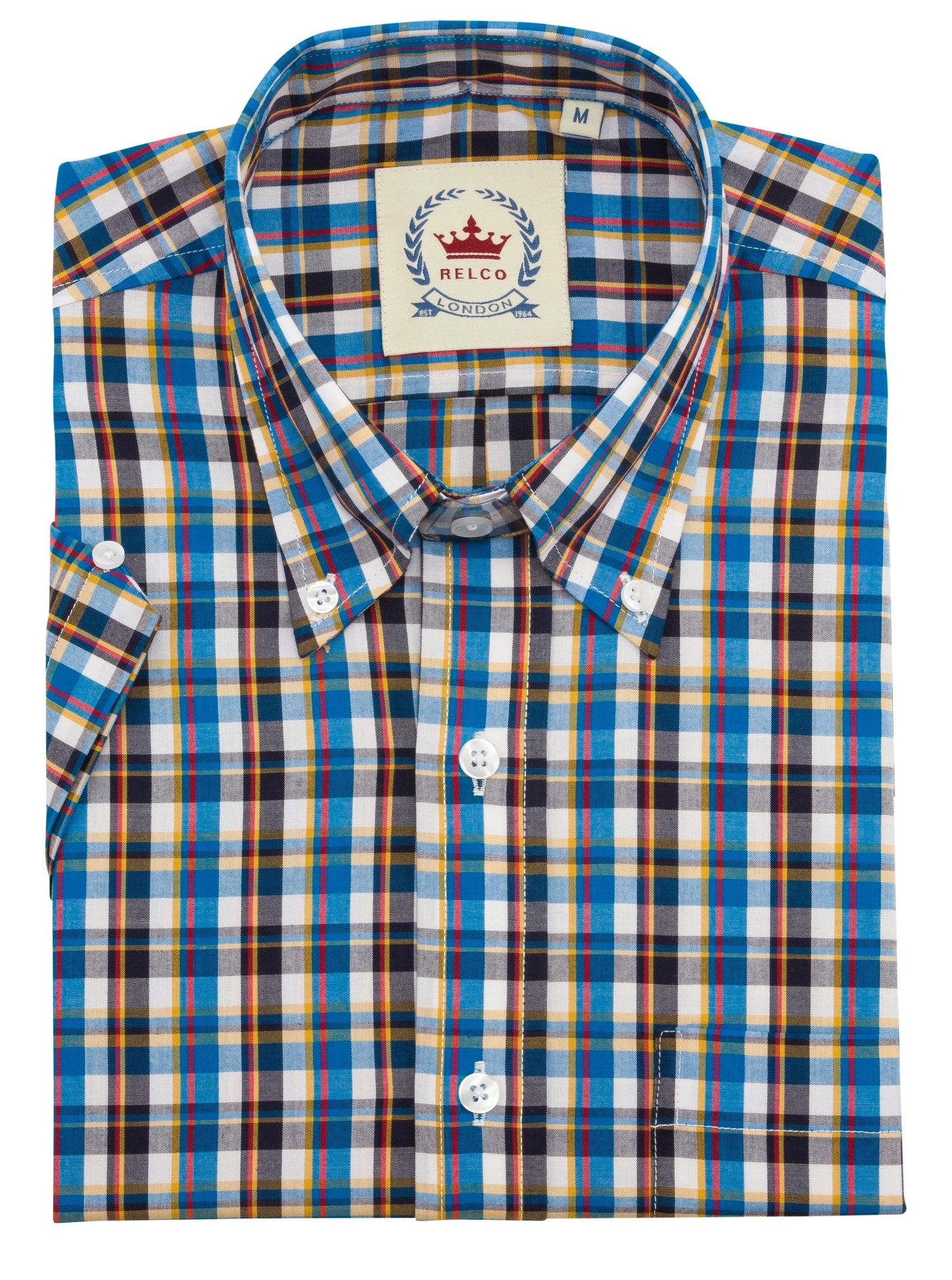 Relco Mens Multi Blue Checked Short Sleeved Button Down Shirts