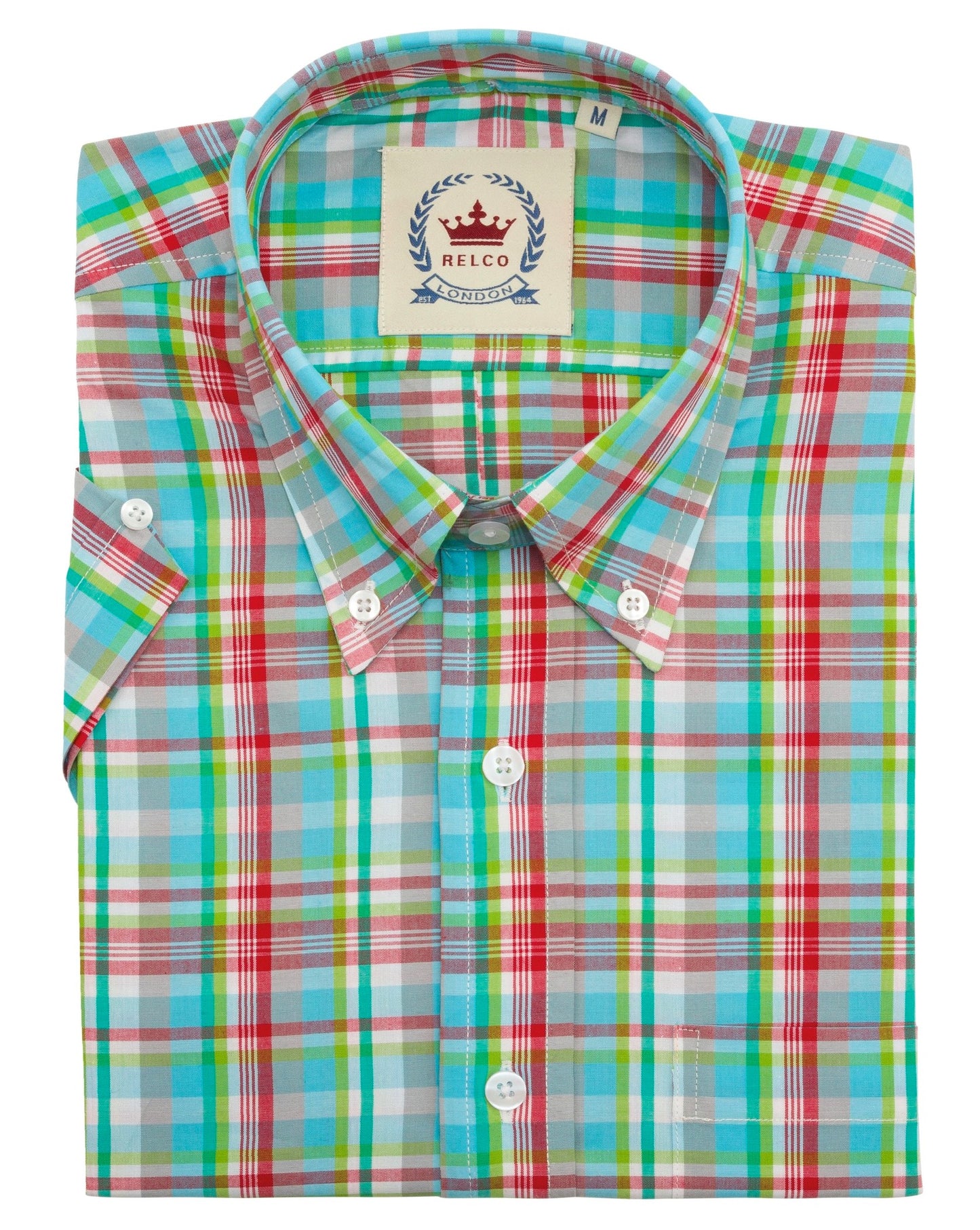 Relco Mens Multi Green Checked Short Sleeved Button Down Shirts