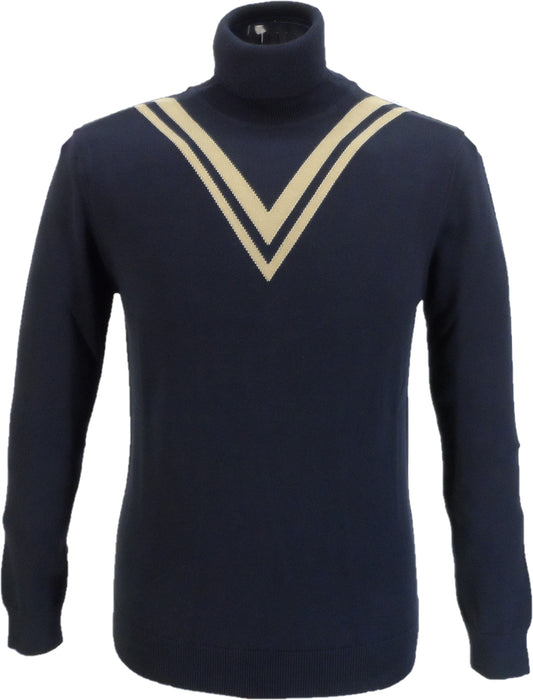 Ska & Soul Navy Twin-V Fine Gauge Roll Neck Jumper