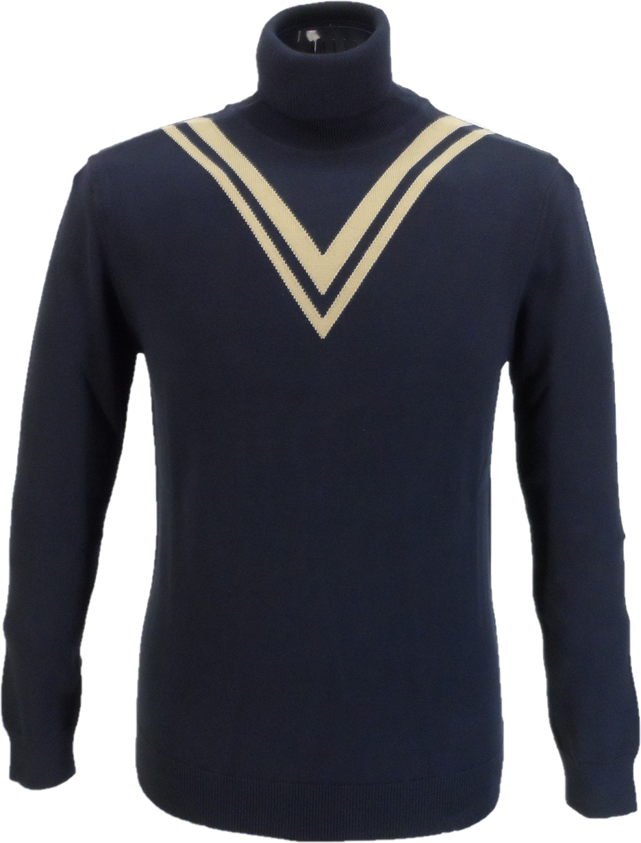 Ska & Soul Navy Twin-V Fine Gauge Roll Neck Jumper