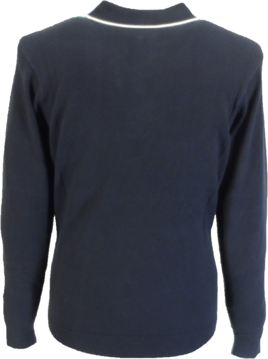 Gabicci Mens Navy Blue Scott Zipped Retro Knitted Polo