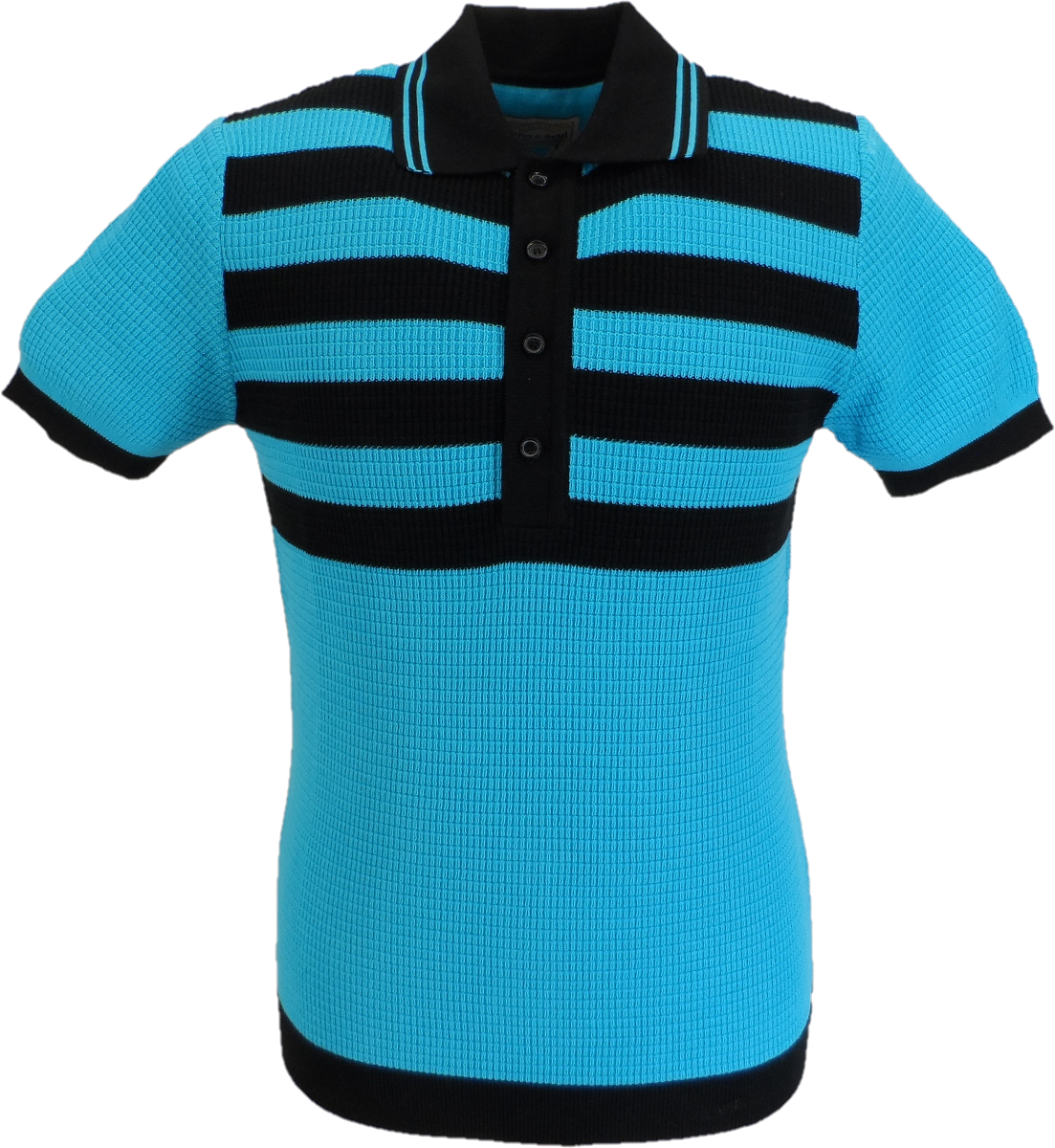 Ska Soul Mens Hall Turquoise Blue Striped Waffle Knitted Polo Shirt