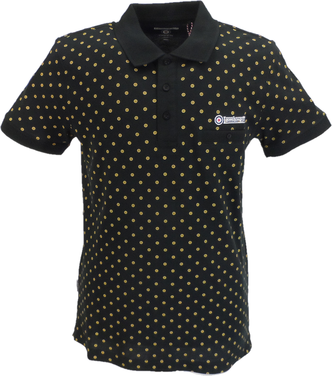 Lambretta Black Gold Target Print Cotton Polo Shirts