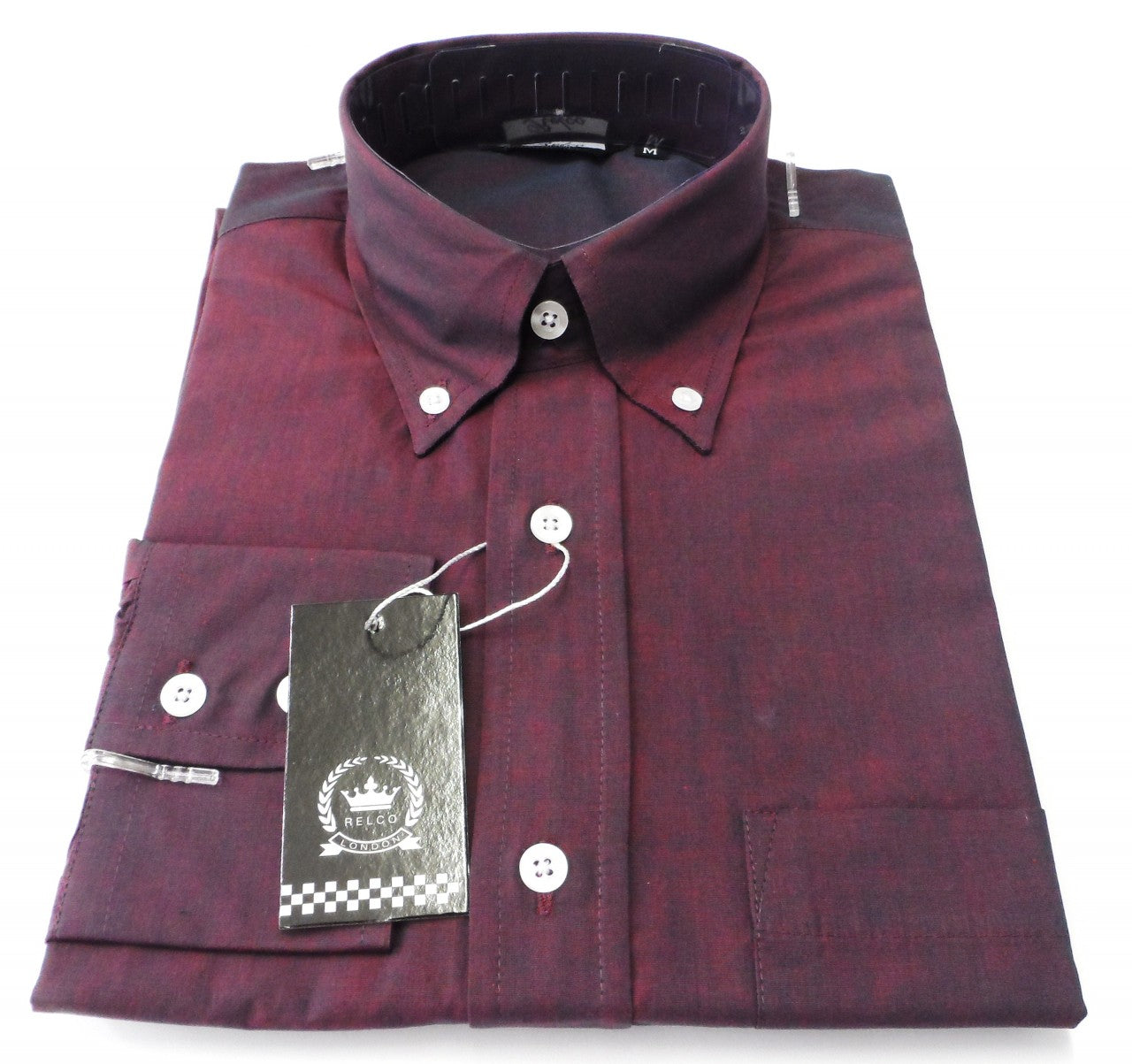Relco Men's Long Sleeved Burgundy/Black Tonic Mod Retro Shirt