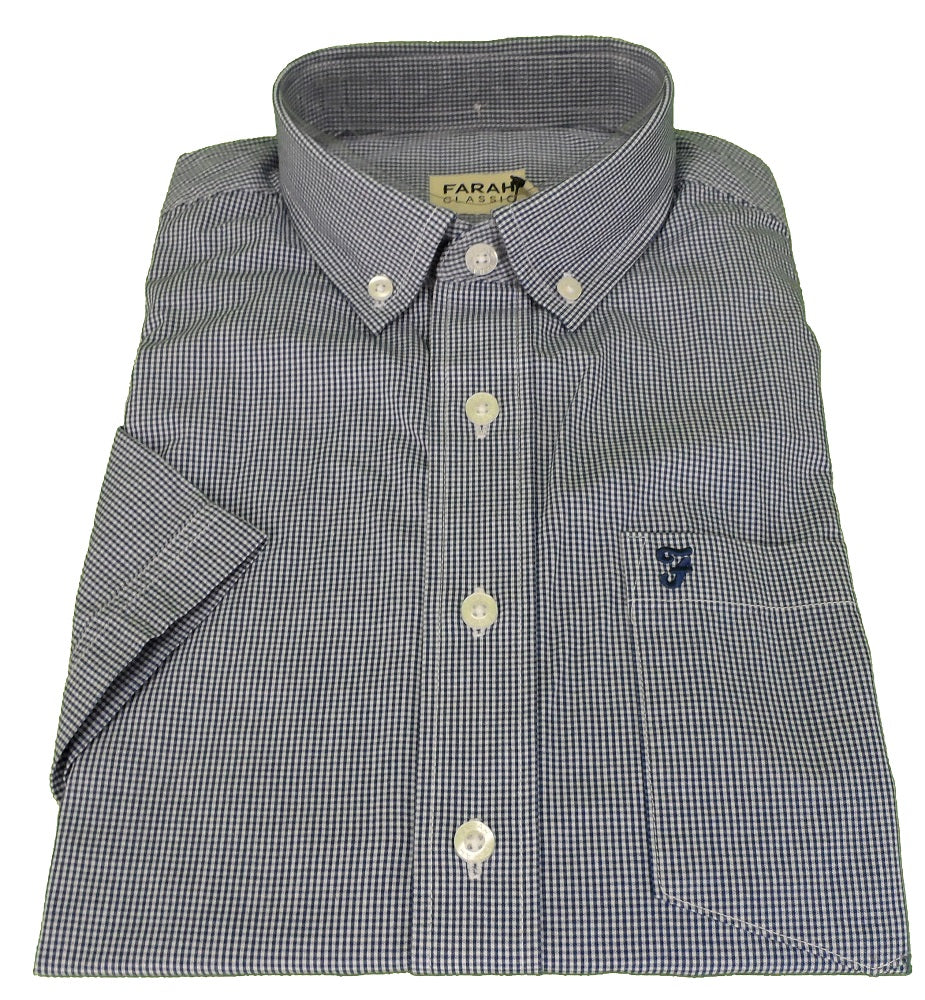 Farah Blue/White Small Check Short Sleeved Cotton Retro Mod Button Down Shirts …