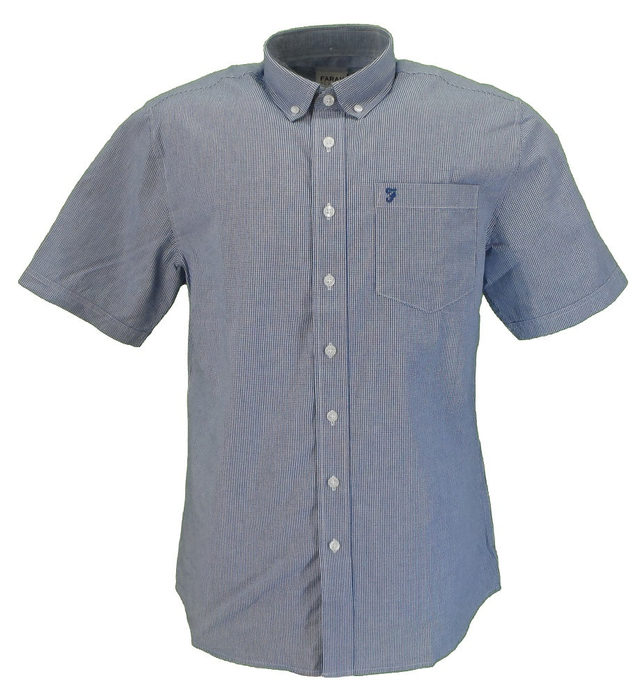 Farah Blue/White Small Check Short Sleeved Cotton Retro Mod Button Down Shirts …