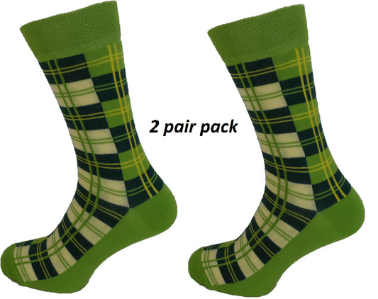 Mens 2 Pair Pack Lime Green Tartan Socks