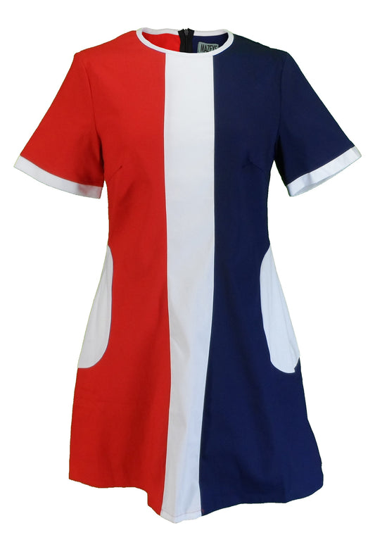 A vintage mod dress featuring horizontal red, white, and blue panels with short sleeves and a round neckline.