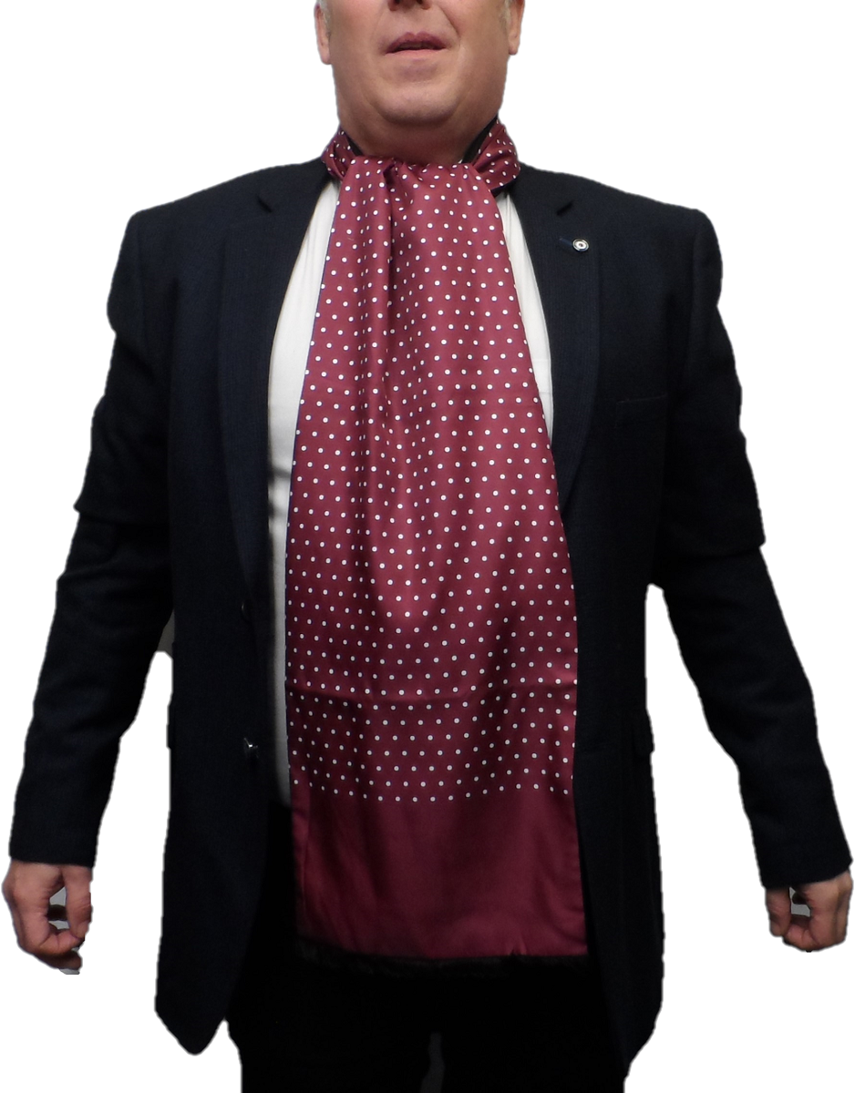 Mazeys Classic Retro Mod Mod Tassled Scarf Burgundy Polka Dot