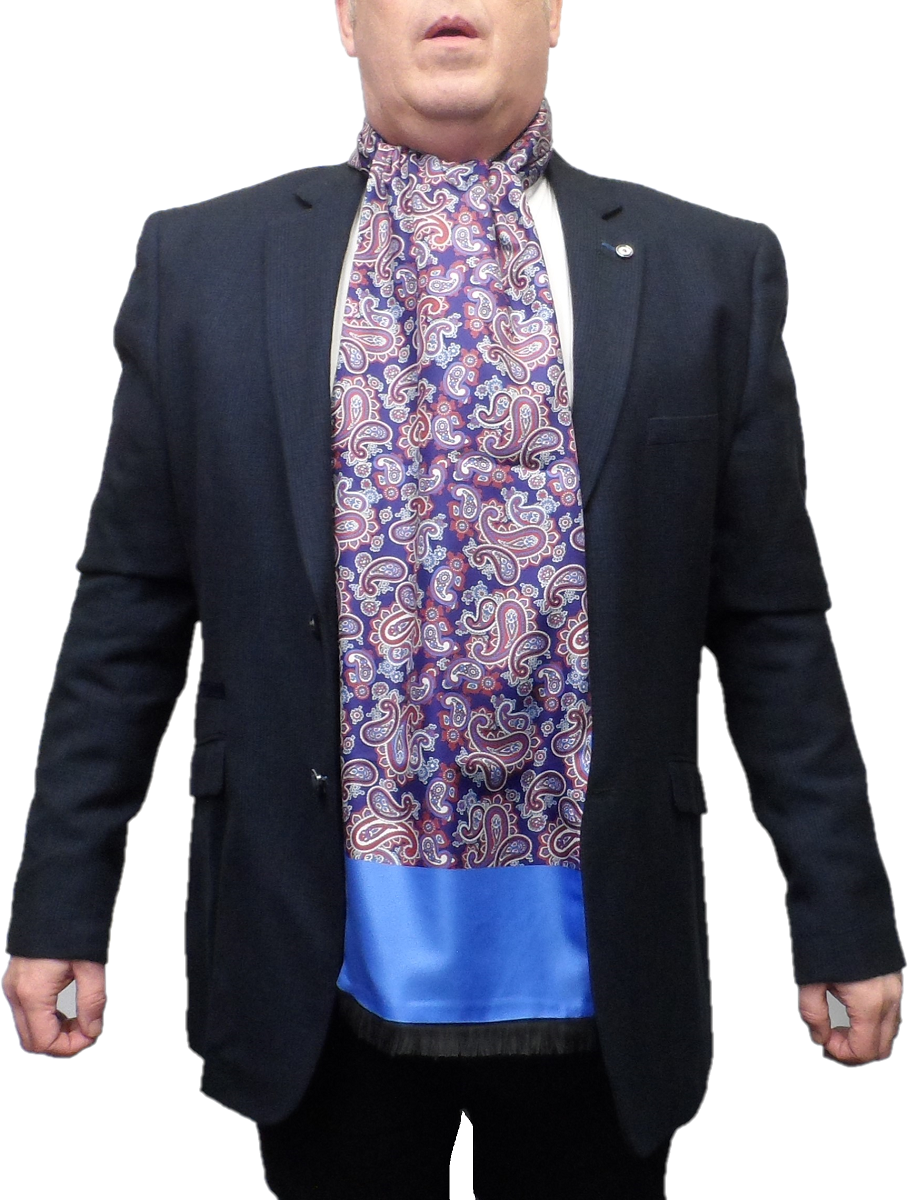Mazeys Mens Classic Retro Mod Mod Tassled Scarf Navy Sky Paisley