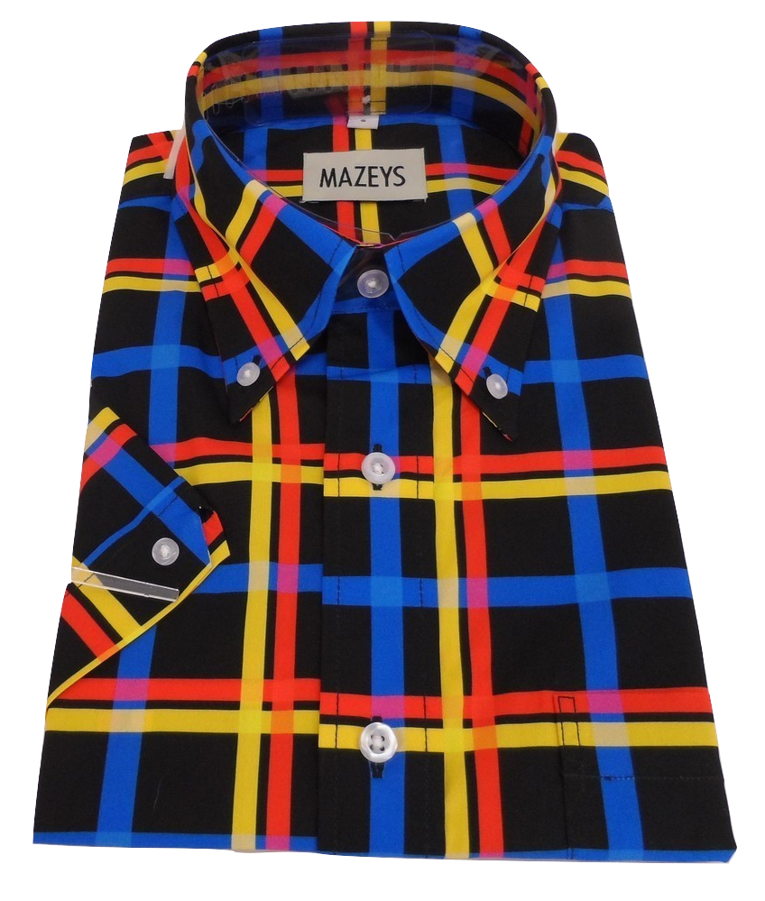 Mazeys Mens Black Multi Checked 100% Cotton Short Sleeved Shirts