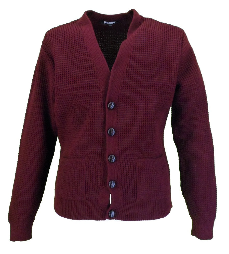 Relco Classic Retro Waffle Knit Burgundy Cardigan