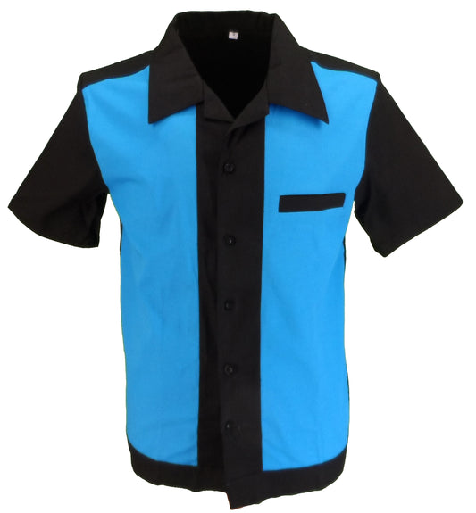 Mazeys Mens Retro Black/Blue 50s Rockabilly Bowling Shirts