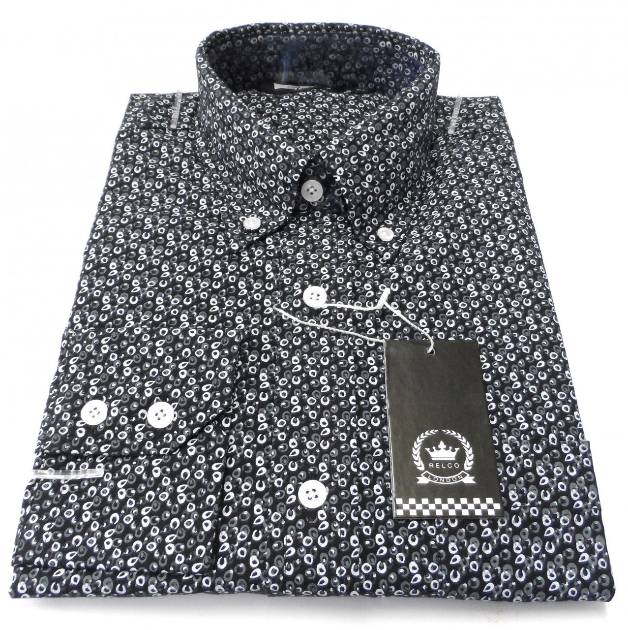 Relco Black/Grey Print Cotton Long Sleeved Retro Mod Button Down Shirts
