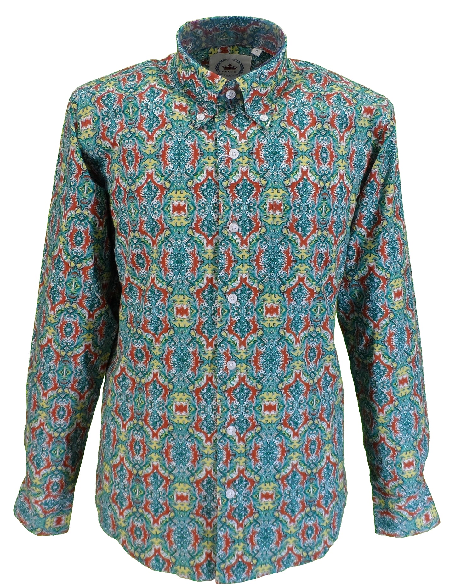 Relco Mens Green Retro Psychedelic Patterned Button Down Shirts