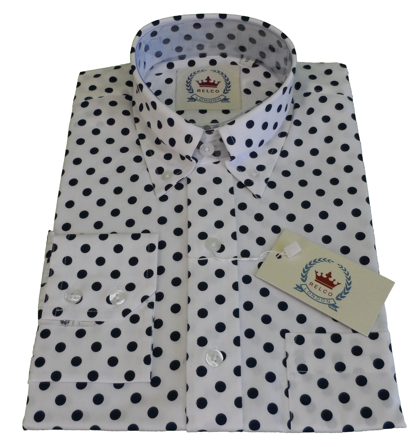 Relco White/Navy Polka Dot Cotton Long Sleeved Retro Mod Button Down Shirts