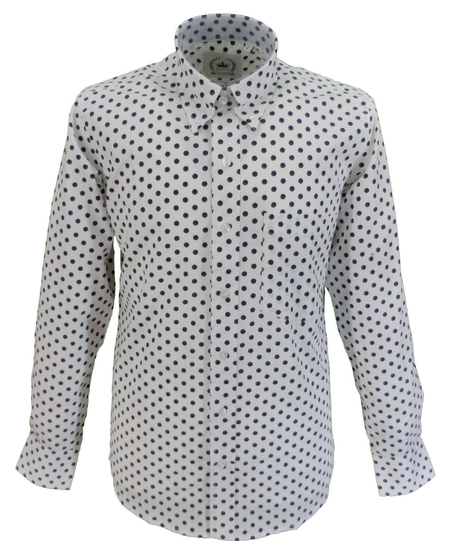 Relco White/Navy Polka Dot Cotton Long Sleeved Retro Mod Button Down Shirts