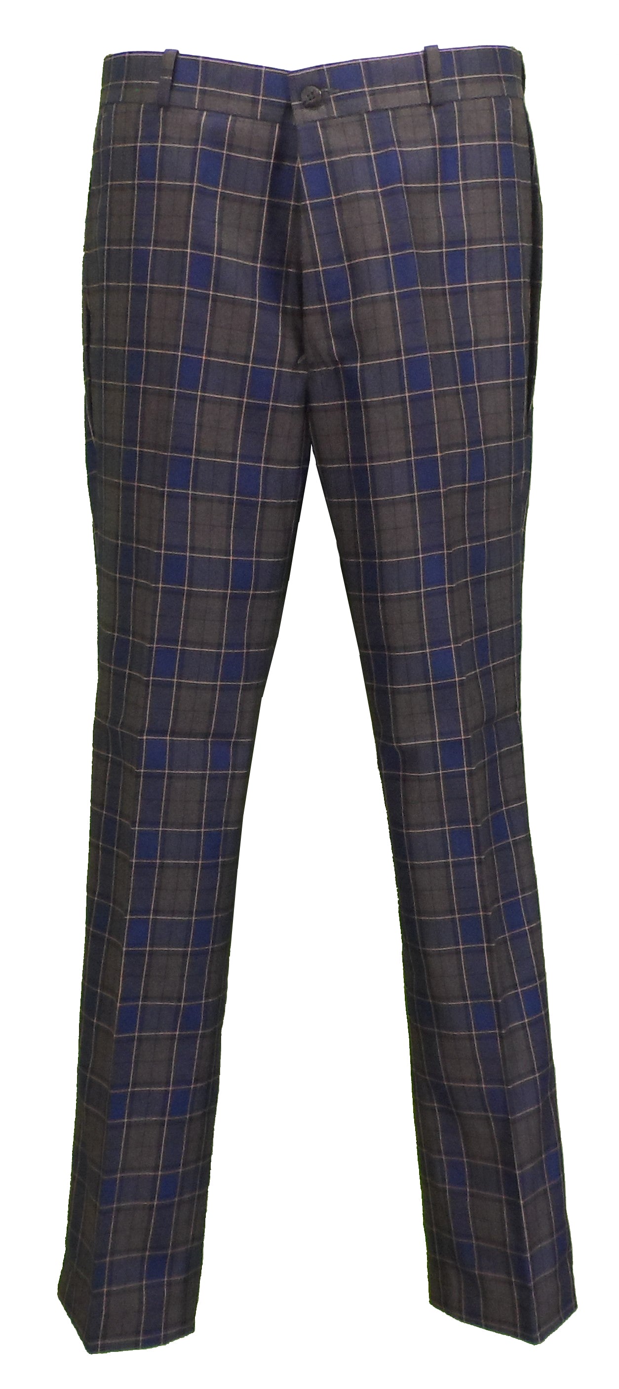 Relco Mens Blue/Grey/Mustard Tartan Check Slim Fit Sta-Press Trousers