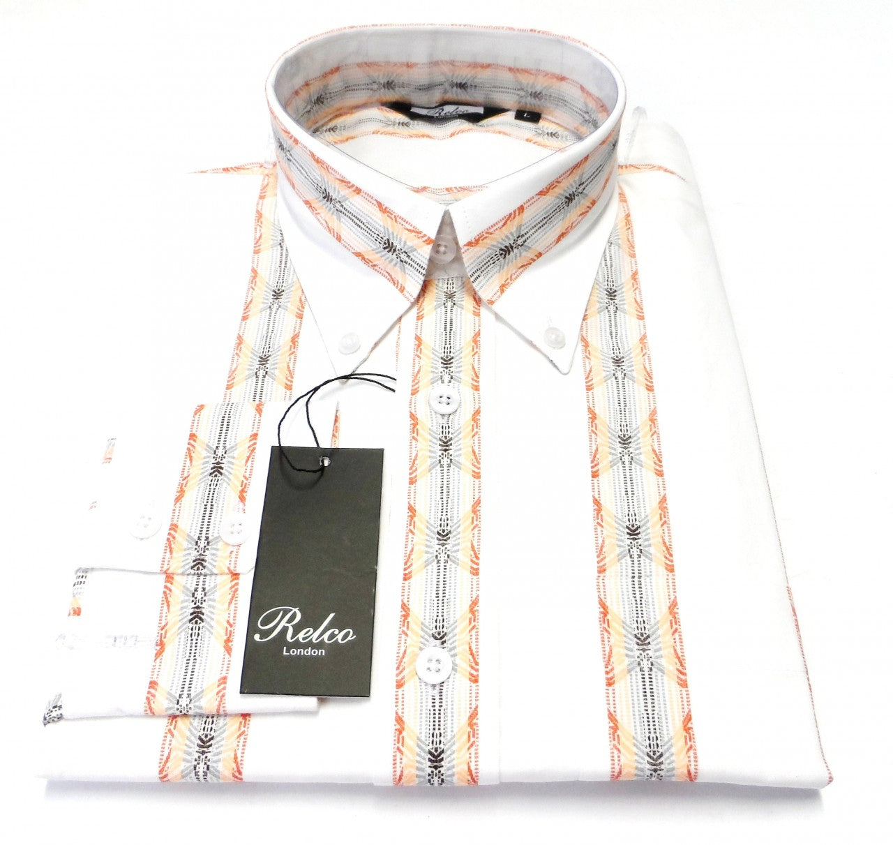 Relco Off White Orange Striped Cotton Long Sleeved Retro Mod Button Down Shirts