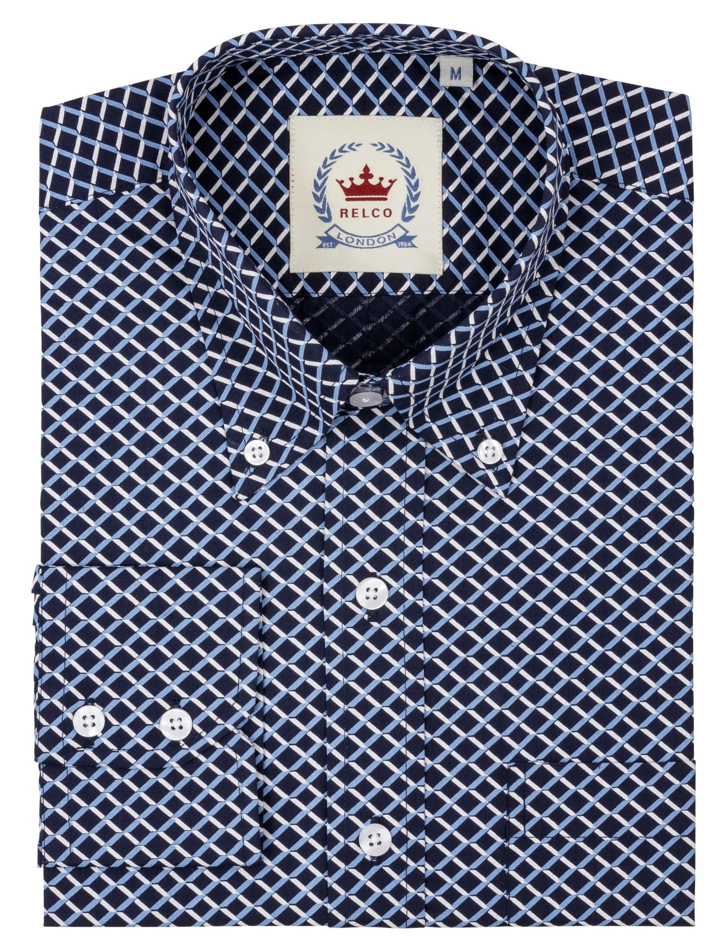 Marineblaues, langärmliges Retro-Mod-Button-Down-Hemd für Herren Relco mit Retro-Print