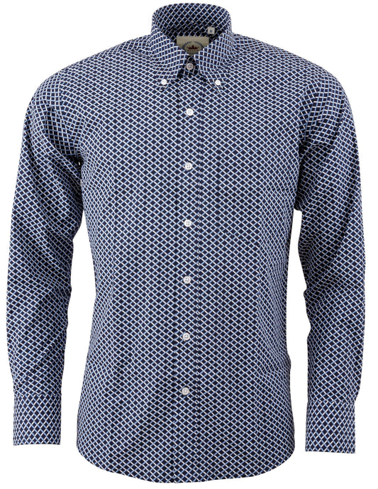 Camisa con botones estilo retro de manga larga con estampado retro azul marino Relco para hombre