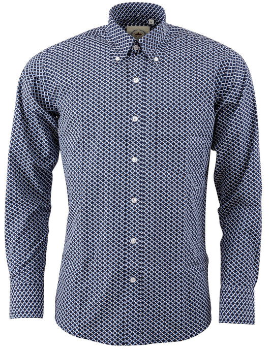 Relco Herre Marineblå Retro Print Langærmet Retro Mod Button Down Skjorte